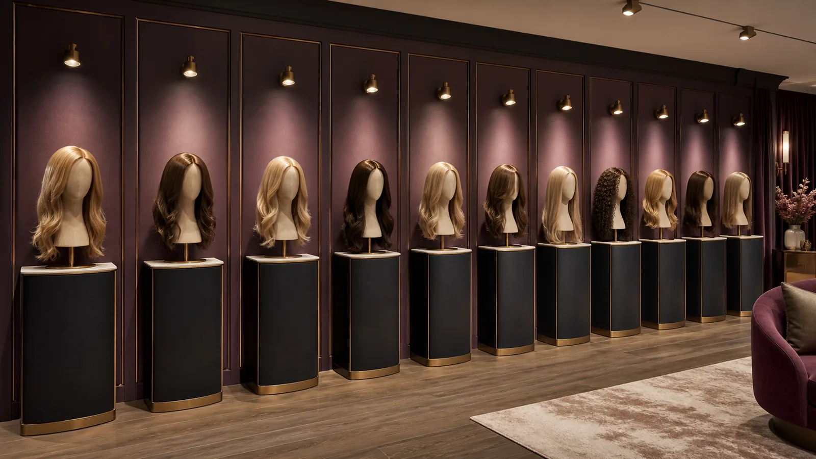 Planned boutique wall with eleven individually lit pedestals displaying blond, brunette, and curly glueless wigs on neutral forms.