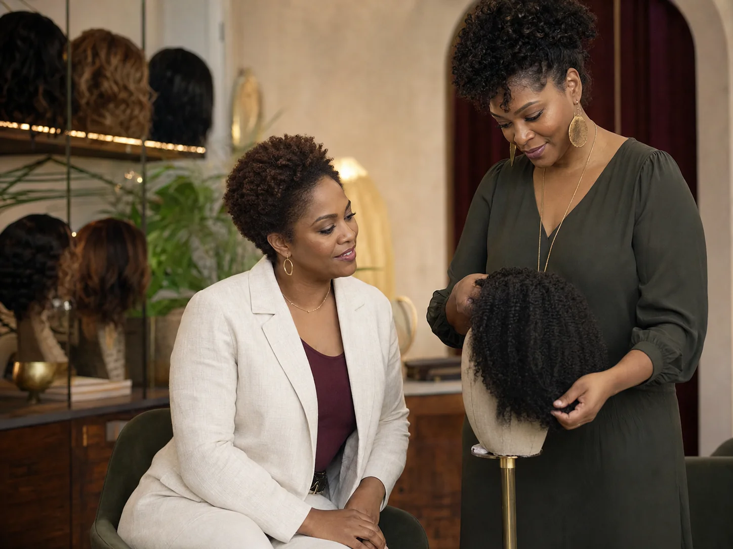Concept image of two women viewing a natural-textured wig in a boutique setting.